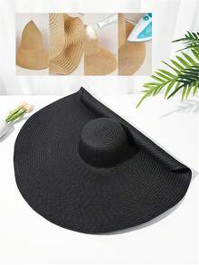 1pc Oversized Foldable Brim Summer Beach Straw Hat, Bohemian Style Sun Protection Hat For Travel & Beach - White - View 9