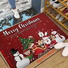 1pc Home Decor, Snowman & Christmas Tree Pattern Print, Christmas, Christmas Gift, Christmas Decoration, Diatomite Kitchen Carpet, Kitchen Mat, Rug, Rectangle Carpet, Suitable For Living Room, Bedroom, Hallway, Bathroom, Laundry Room - Polyester Carpet, Suitable For Indoor And Outdoor Home Decor