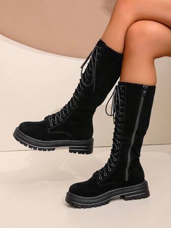 新款女式黑色休闲户外仿麂皮仿鹿皮内衬系带侧拉链复古防滑厚底中筒靴，春秋季