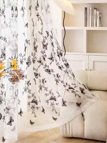 半件装中式黑蝴蝶薄纱窗帘，透明，适用于阳台、客厅窗户