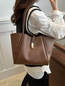 Bolso de mano de unicolor de PU de moda, bolso de hombro, bolso multifuncional, adecuado para compras de mujeres, ir al trabajo, estudiantes volviendo a la escuela y uso diario - Café integral - Ver 2