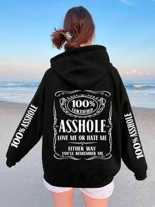 Plus Size Women Slogan Print Drop Shoulder Long Sleeve Casual Loose Thermal Lined Hoodie Sweatshirt, Autumn/Winter - Black - View 2