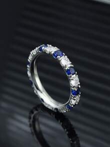 1pc S925 Silver Fully Paved Unisex Ring, Decorated With Synthetic Blue Sapphire And Moissanite, Suitable For Daily Wear, Birthday, Father's Day, Mother's Day Gift - Bạc - Xem 4