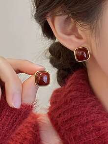 4 Pairs Retro Elegant Geometric Square Stud Earrings Set, Versatile & Fashionable Design Suitable For Women's Daily, Date, Holiday Wear - Burgundy - View 5