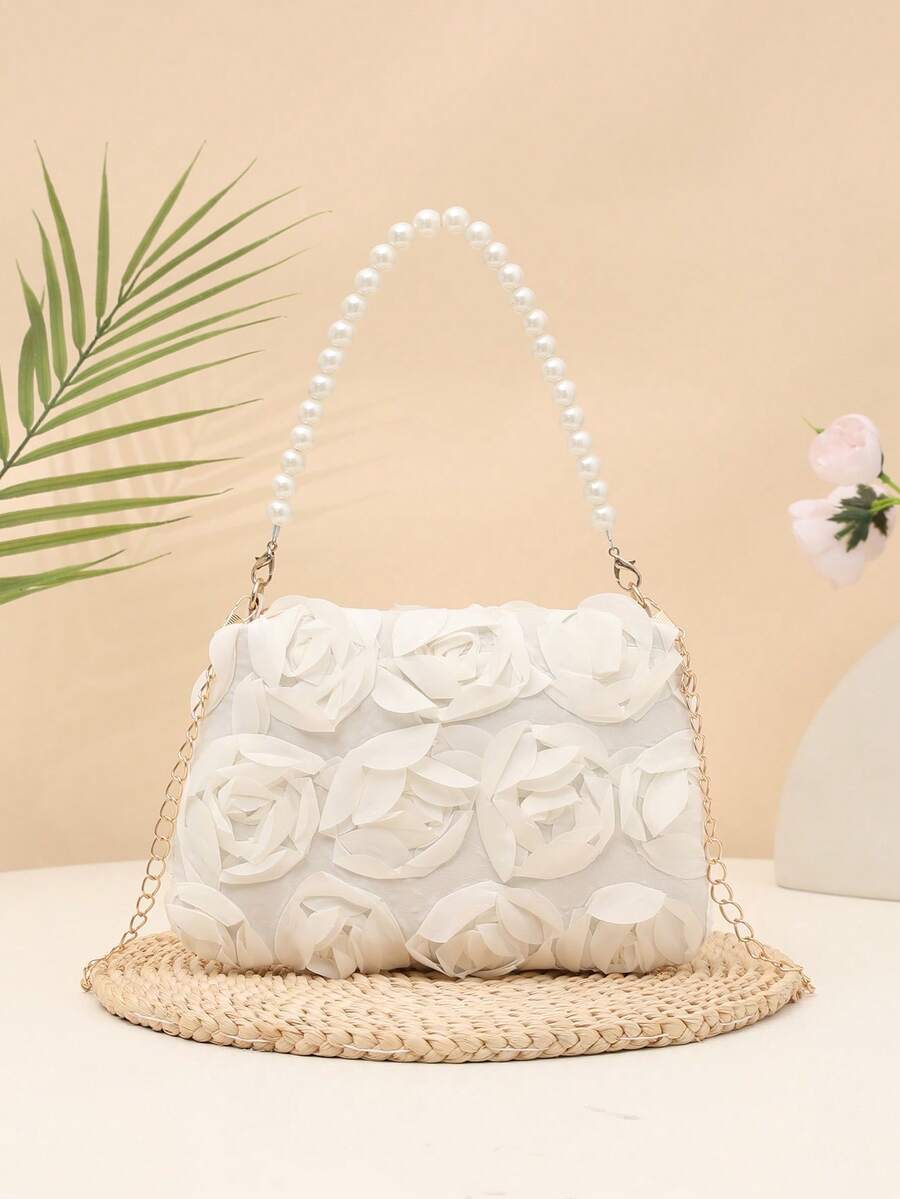 1 件优雅 3D 玫瑰花朵单肩包、金属链条斜挎包、仿珍珠手提包、女士派对礼服、派对包、节日派对礼服、情人节礼物、新娘包、伴娘包、适合派对、约会、婚礼、晚会（图案随机）1 件时尚花卉手提包、珍珠装饰链条单肩包、花卉面料、新款夏季时尚女包、多功能斜挎包、单肩包、轻便手拿包适合派对、夜总会、购物、约会 - 米色 - 查看 1