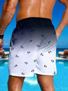 Shorts de playa con estampado de ancla y degradado de color para hombres de talla grande - Negro - Ver 2