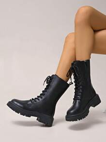 1 双厚底皮革中筒靴，黑色，新款设计，女式系带圆头时尚靴，带侧拉链，百搭长靴，百搭款式，秋冬 - 黑色 - 查看 1