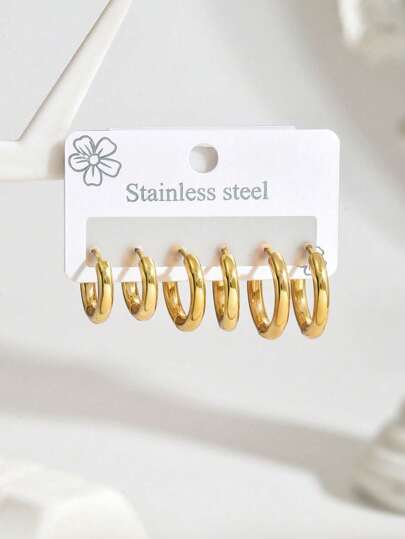 Um Conjunto Elegante e de Alta Qualidade em Aço Inoxidável com Seis Peças para Mulheres com Pequenos Loops de Orelha