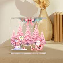 1 pezzo, Decorazione natalizia piatta 2D, albero di Natale rosa con scene di pupazzo di neve e slitta di Babbo Natale - Elegante decorazione piatta 2D per desktop, libreria, feste - Senza elettricità necessaria, regalo perfetto per Natale e Ringraziamento per mamma, nonna, figlia, zia