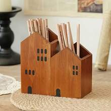 2pc Small House Shape Pen Holder Storage Box - Wooden Retro Desktop Decoration For Art Supplies/Brushes/Office Items - Multi-Use Makeup Brush & Stationery Organizer - Kawaii School Essentials, Back To School Must-Have, Creative Workspace Decor, Vintage Pencil Case Alternative, Dorm Room Desktop Cutie