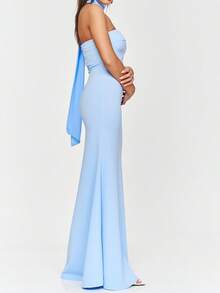 Women Sleeveless Long Bandeau Tube Top Dress Off Shoulder Solid Color Maxi Dress, With Scarf - Blue - View 4