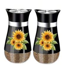 kumlioon Juego de salero y pimentero, salero y pimentero con forma de girasol con soportes para el mango - Decoración moderna de cocina de vidrio - Juego de salero y pimentero para el hogar, restaurante, boda - Accesorios de cocina lindos y elegantes, saleros, pimenteros, saleros y pimenteros de vidrio con base estable para utensilios de cocina, mesa, caravana, camping, barbacoa, botella rociadora, suministros de cocina