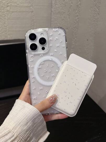 2pcs Cute Transparent Floral Bow Magnetic Wireless Charging Phone Case Compatible With IPhone 11/11 Pro/11 Pro Max/12/12 Pro/12 Pro Max/12 Mini/13/13 Pro/13 Pro Max/14/14 Pro/14 Pro Max/14 Plus/15/15 Pro/15 Pro Max/15 Plus/16/16 Pro/16 Pro Max/16 Plus/17/17 Air With Card Holder & Wallet Back Cover