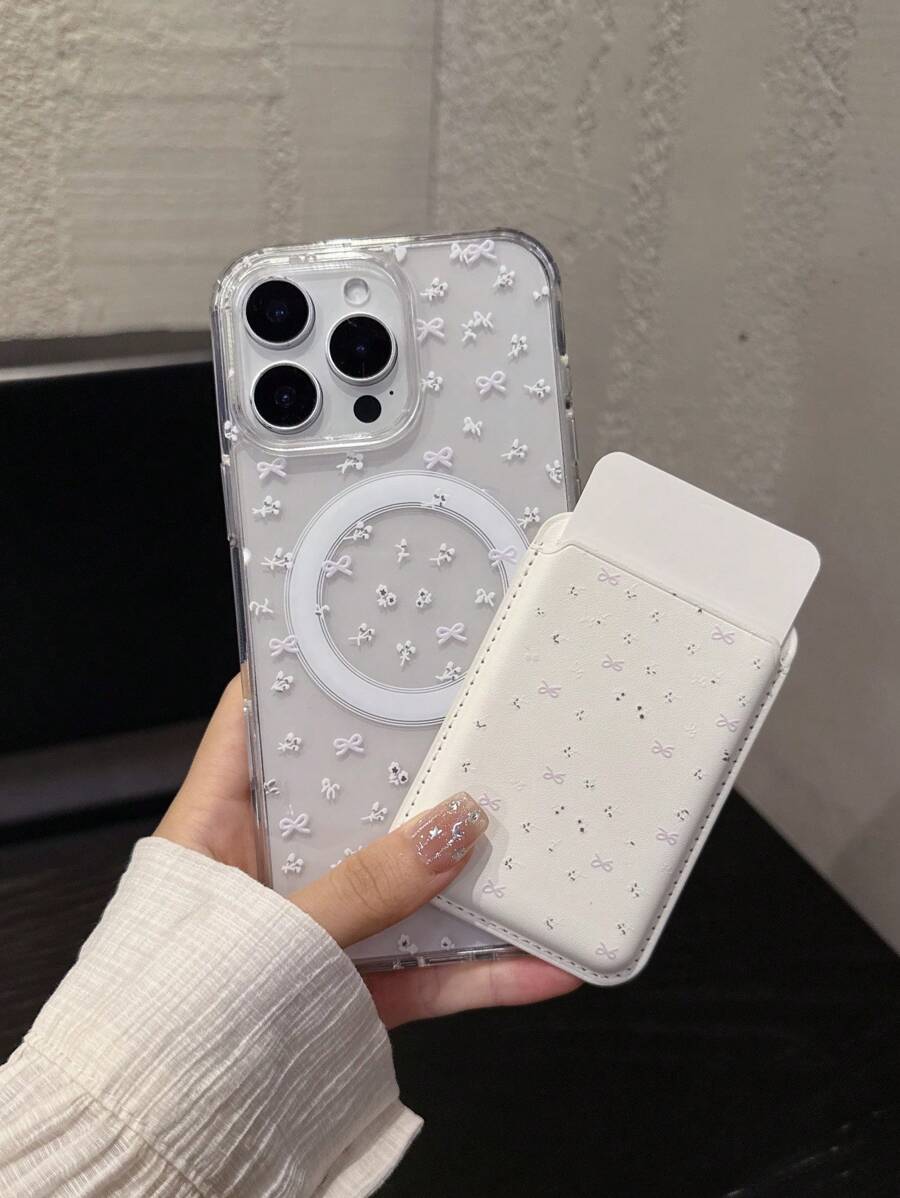 2 件可爱透明花卉蝴蝶结磁性无线充电手机壳，兼容 11/11 Pro/11 Pro Max/12/12 Pro/12 Pro Max/12 Mini/13/13 Pro/13 Pro Max/14/14 Pro/14 Pro Max/14 Plus/15/15 Pro/15 Pro Max/15 Plus/16/16 Pro/16 Pro Max/16 Plus/17/17 Air，带卡夹和钱包后盖 - 蝴蝶結碎花 - 查看 1