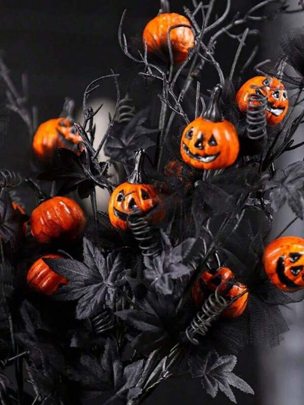 1 Piece - Artificial Branches And Stems For All Saints' Day, Artificial Plant, Artificial Pumpkin Branch With Black Leaves, Black And Orange Artificial Flower For All Saints' Day Home Interior Decoration, All Saints' Day Decorations, Autumn Decorations For Harvest And All Saints' Day Festival