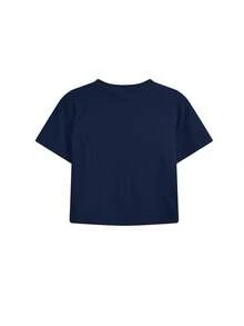 Bow Embroidery Short Sleeve T-Shirt For Women, Sexy Design, Slim Fit, Cropped, Summer Casual - Navy Blue - View 3