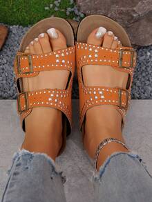 Damen Slip-On Plateau Sandalen, modisch vielseitig bequeme Nieten Strandurlaubs Schuhe