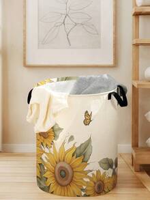 1pc Cartoon Flower Pattern Foldable Round Storage Basket With Handle, Large Capacity Multi-Purpose Storage Bin For Nursery, Baby Diaper, Clothes, Toys Organization - Multicolor - View 3