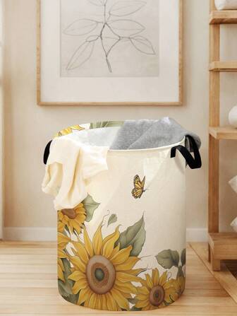 1 件卡通花朵图案可折叠圆形收纳篮带手柄，大容量多用途储物箱，适用于育儿室、婴儿尿布、衣服、玩具整理