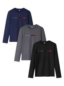 3 件套男士休闲简约字母印花长袖 T 恤，秋季 T 恤，秋季服装 - 彩色 - 查看 2