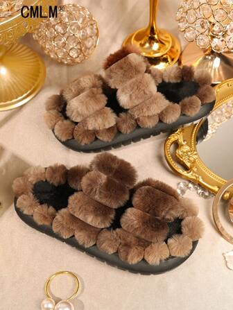1 Pair Bohemian Style Slip-On House Slippers For Women, Soft Fuzzy Plush Lining, EVA Thick Sole, Suitable For Beach, Home, Casual Wear, Plus Size, Brown