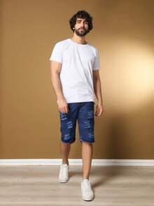 Men's Ripped Bermuda Jeans Destroyed Twill - 深色水洗藍 - 查看 4