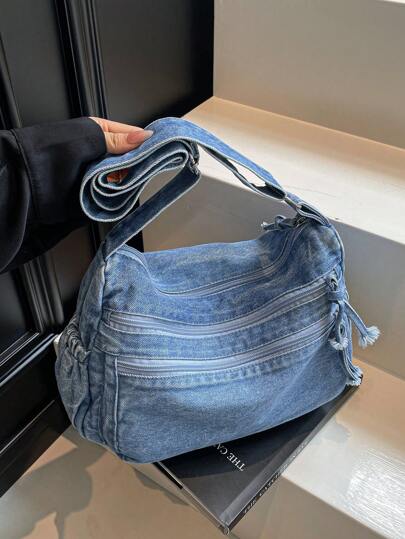 حقيبة كروس بودي كاجوال شيك ناعمة من الجينز متعددة الطبقات مع جيوب متعددة، حقيبة كتف نسائية كبيرة السعة متعددة الاستخدامات مناسبة للذهاب للعمل والتسوق والسفر
