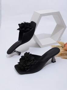 Giày cao gót hở mũi thời trang và thanh lịch dành cho nữ, màu đen, trắng, họa tiết hoa, ren, dép lê gót nhọn, hàng mới về mùa xuân/hè, thích hợp cho đám cưới ngoài trời, tiệc tùng, ở nhà, dép đi trong nhà gợi cảm. - màu đen - Xem 2