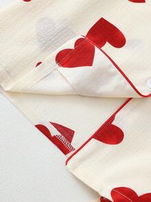 爱心印花女士泡泡褶皱长袖睡衣套装，冬季服装