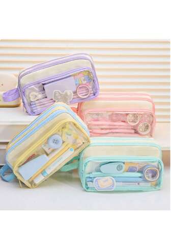 Large Capacity Pencil Case - Transparent Multi-Layer Design, Portable Desktop Storage Box, Soft Fabric, Multiple Compartments, Suitable For Office Use, Durable Zipper. Accessories Not Included