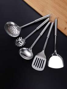 5件/3件不锈钢耐热木纹手柄烹饪用具套装，带锅铲、汤勺和滤网，适用于厨房（批次差异可能导致手柄和滤网孔设计略有不同，不锈钢产品可能会有轻微划痕，但不影响使用）