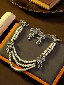 Dây chuyền và hoa tai cổ điển đính nơ pha lê, tuyệt đẹp để làm quà tặng dự tiệc hàng ngày - vòng cổ - Xem 2