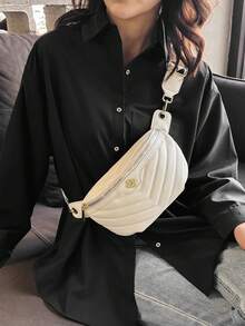 条纹缝线 PU 软皮单肩包，宽肩带斜挎胸包 - 白色 - 查看 3