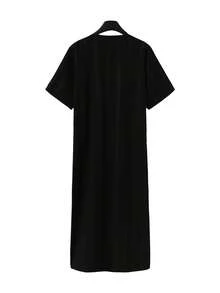 新款简约条纹长袍、阿巴雅伊斯兰宽松长袍、短袖刺绣穆斯林口袋长袍、休闲阿拉伯风格、男士传统甘杜拉祈祷休闲节日服装、优雅的斋月服装、优雅奢华的传统男士服装 - 黑色 - 查看 3