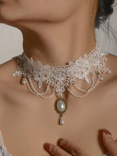 1 pieza Collar corto tipo gargantilla elegante con colgante de cadena y encaje blanco vintage para mujeres