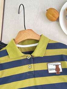Young Boy Colorblock Striped Polo Shirt, Summer - Army Green - View 7