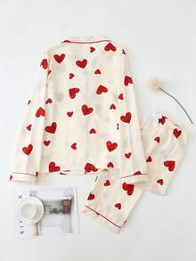 爱心印花女士泡泡褶皱长袖睡衣套装，冬季服装