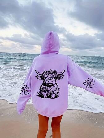 大码女式牛图案印花假日秋季时尚宽松休闲秋冬连帽衫，近期下单，圣诞节，冬季女装，女式连帽衫，女式卫衣，Y2K，曲线上衣，秋季女装，女式长袖上衣，圣诞节女装，圣诞女装