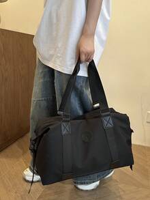 字母装饰尼龙健身包、瑜伽包、短途旅行包、篮球训练包、男女通用度假旅行必备包行李箱旅行包女士 - 黑色 - 查看 4