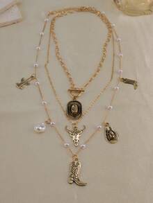 Conjunto De 3 Peças Estilo Cowboy Ocidental Vintage: Chapéu De Cowboy, Botas De Cowboy, Colar Com Pingente De Metal Em Forma De Cacto E Cabeça De Touro, Colar Com Pingente De Bota Com Corrente De Pérolas Em Camadas Retrô - Multicolorido - Ver 3