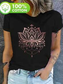 Women's Round Neck Bohemian Floral Print T-Shirt, Fashion Bohemian Floral Print T-Shirt For Women, Casual Short Sleeve T-Shirt, Promotion Women's Top, Comfort For All Seasons - 黑色 - 查看 1