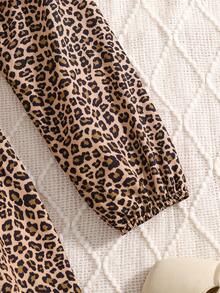 Girls' Comfortable Leopard Print Collared Button-Up Belted Mid-Length Dress, Stylish Outdoor Casual Chic Outfit For Tween Girls - Brown - View 4