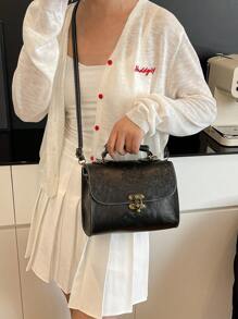1pc Fashionable Hardware Lock Design Embossed PU Leather Handbag With High-End Style, Can Be Worn Across Body - Black - View 2