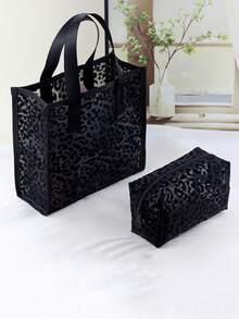 Minimalist Fashion Makeup Organizer, 3 Pieces Set Black Breathable Leopard Print Cosmetic Bag, Convenient Dual Handle Toiletry Bag, Beach Bag, Suitable For Travel, Daily Use, And Gift Giving - Black - View 3