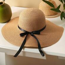 قبعة قش بيج للنساء للربيع والصيف، للعطلات الشاطئية، للظل والحماية من الشمس، ذات حافة كبيرة مع ربطة فيونكة