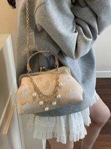 新款中国风民族风绣花包包女夏季新款珍珠金属链条装饰时尚五金手提包手拿包斜挎包 - 米色 - 查看 6