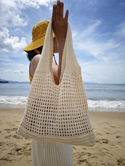 Back To School Season, Plus Size Women Handbag, Women Knitted Shoulder Bag, Vintage Hollow Out Woven Large Capacity Floral Decor Tote Bag, Crochet Bag, Women Crochet Bag, Summer Beach Tote Bag , Beach Bag