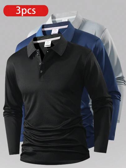 3 件男友风格男士轻盈透气跑步健身休闲纯色长袖 Polo 衫，春秋季