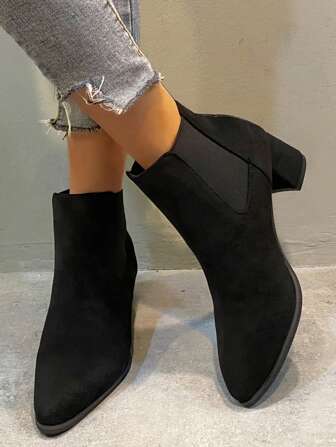 Women's Black Ankle Boots, 2025 Autumn/Winter New Style, Pointed Toe Suede Patchwork Elastic Pull-On Chunky Heel Tight Fit Boots, Versatile Daily Wear Fashion Booties, Black Boots, Women's Boots, Women's Shoes