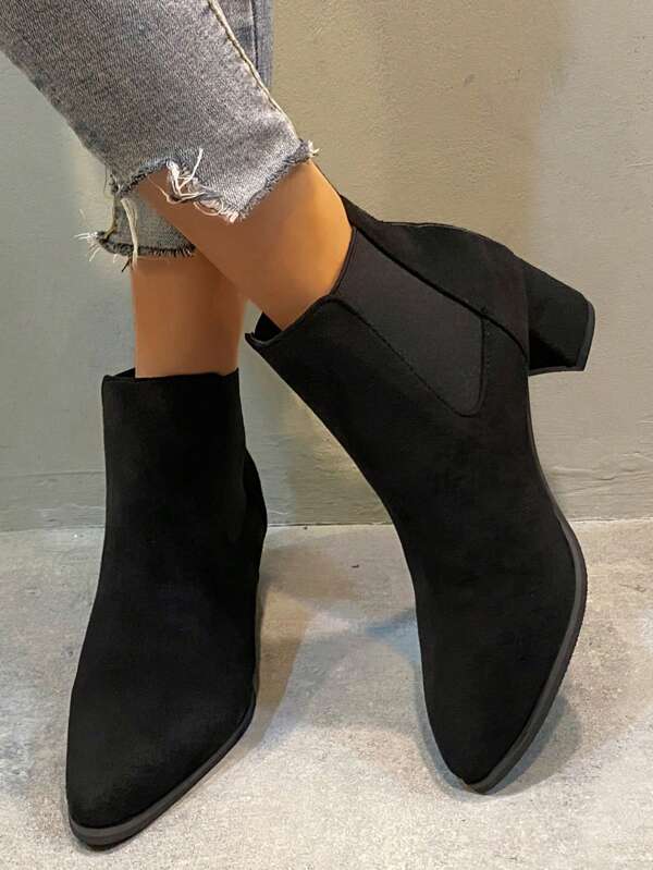 Women's Black Ankle Boots, 2025 Autumn/Winter New Style, Pointed Toe Suede Patchwork Elastic Pull-On Chunky Heel Tight Fit Boots, Versatile Daily Wear Fashion Booties, Black Boots, Women's Boots, Women's Shoes